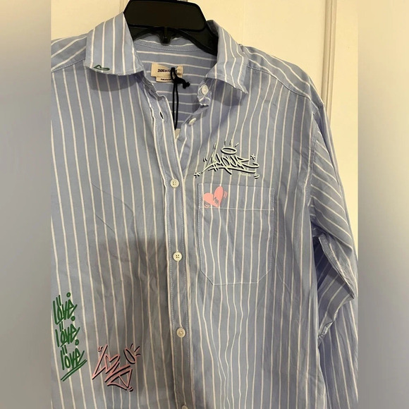 Zadig & Voltaire Tais Raye Tag Stripe Cotton Graphic Shirt - Picture 8 of 13